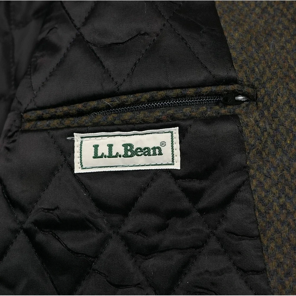 LL Bean Prescott USA Wool Country Tweed Sport Coat 46L / LT Olive Navy Heathered